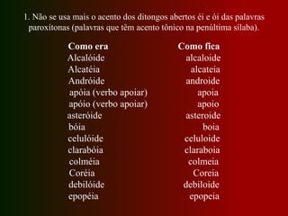 1. Não se usa mais o acento dos ditongos abertos éi e ói das palavras
paroxítonas (palavras que têm acento tônico na penúltima sílaba).
Como era Como fica
Alcalóide alcaloide
Alcatéia alcateia
Andróide androide
apóia (verbo apoiar) apoia
apóio (verbo apoiar) apoio
asteróide asteroide
bóia boia
celulóide celuloide
clarabóia claraboia
colméia colmeia
Coréia Coreia
debilóide debiloide
epopéia epopeia
 
