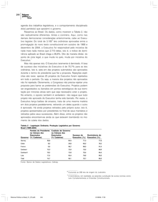 244

agenda dos trabalhos legislativos, e o comportamento disciplinado
do(s) partido(s) que apoia(m) o governo.
Passemos ao Brasil. Os dados, como mostram a Tabela 2, não
são radicalmente diferentes. Antes o contrário. Aqui, como nas
demais democracias consideradas anteriormente, cabe ao Execu6
tivo legislar. Do total de 3.165 leis ordinárias aprovadas entre a
promulgação do novo texto constitucional em outubro de 1988 e
dezembro de 2004, o Executivo foi responsável pela iniciativa de
nada mais nada menos que 2.710 delas, isto é, o índice de dominância aplicado ao Brasil chega a 85,6%. Dito de maneira direta: do
ponto de vista legal, o que muda no país, muda por iniciativa do
7
Executivo.
Mas não apenas isto. O Executivo raramente é derrotado. A taxa
de sucesso das iniciativas do Executivo é de 70,7% para as leis
ordinárias. Isto é, sete em dez projetos submetidos são aprovados
durante o termo do presidente que fez a proposta. Rejeições explícitas são raras: apenas 25 projetos do Executivo foram rejeitados
em todo o período. Ou seja, a maioria dos projetos não aprovados
não foi rejeitada. Obviamente, o Congresso não precisa rejeitar uma
proposta para barrar as pretensões do Executivo. Projetos podem
ser engavetados ou barrados em pontos estratégicos de sua tramitação por minorias ativas sem que seja necessário votar o projeto.
No entanto, o oposto também é verdadeiro: não segue que todo
projeto não aprovado do Executivo tenha sido barrado. Por vezes, o
Executivo lança balões de ensaios, trata de uma mesma matéria
em dois projetos paralelamente, retirando um deles quando o outro
é aprovado. Há ainda projetos retirados pelo próprio autor, isto é,
projetos apresentados por presidentes no final de seus mandatos e
retirados pelos seus sucessores. Além disso, entre os projetos não
aprovados encontram-se ainda os que estavam tramitando no momento da coleta dos dados.
Tabela 2 - Legislação Ordinária. Produção Legislativa por Governo
Brasil (1989-2004)
Partido do Presidente Coalizão de Governo
na Câmara dos
na Câmara dos
Deputados
Deputados
Sucesso do
Governo (% Cadeiras)
(% Cadeiras)
Executivo (%)
Sarney

Dominância do
Executivo (%)

36,8

Franco

64,4

71,3

77,9

8,0

Collor

34,8

65,0

76,5

0,0

58,7

66,0

91,0

Cardoso I

15,3

73,4

73,0

84,6

Cardoso II

18,5

72,8

70,4

84,4

Lula

17,5

50,4

79,8

95,6

Total

14,7

59,1

70,7

85,6

Fonte: Banco de Dados Legislativos, Cebrap.

6

Reforma Política no Brasil_01_272.p65

244

Excluindo as 206 leis de origem do Judiciário.

7

A dominância, em realidade, se estende a produção de outras normas como
Leis Complementares e Emendas Constitucionais.

01/08/06, 17:30

 