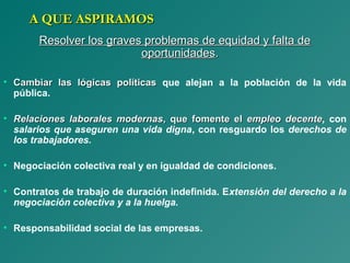 A QUE ASPIRAMOSA QUE ASPIRAMOS
Resolver los graves problemas de equidad y falta deResolver los graves problemas de equidad y falta de
oportunidadesoportunidades..
• Cambiar las lógicas políticasCambiar las lógicas políticas que alejan a la población de la vida
pública.
• Relaciones laborales modernasRelaciones laborales modernas, que fomente el, que fomente el empleo decenteempleo decente, con
salarios que aseguren una vida digna, con resguardo los derechos de
los trabajadores.
• Negociación colectiva real y en igualdad de condiciones.
• Contratos de trabajo de duración indefinida. Extensión del derecho a la
negociación colectiva y a la huelga.
• Responsabilidad social de las empresas.
 