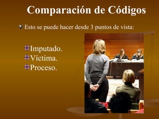 Comparación de Códigos Esto se puede hacer desde 3 puntos de vista: Imputado. Víctima. Proceso. 