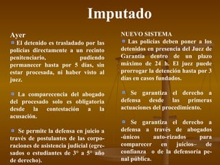Imputado Ayer El detenido es trasladado por las policías directamente a un recinto penitenciario, pudiendo permanecer hasta por 5 días, sin estar procesada, ni haber visto al juez. La comparecencia del abogado del procesado solo es obligatoria desde la contestación a la acusación. Se permite la defensa en juicio a través de postulantes de las corpo-raciones de asistencia judicial (egre-sados o estudiantes de 3° a 5° año de derecho). NUEVO SISTEMA Las policías deben poner a los detenidos en presencia del Juez de Garantía dentro de un plazo máximo de 24 h. El juez puede prorrogar la detención hasta por 3 días en casos fundados. Se garantiza el derecho a defensa desde las primeras actuaciones del procedimiento. Se garantiza el derecho a defensa a través de abogados -únicos auto-rizados para comparecer en juicios– de confianza  o de la defensoría pe-nal pública. 