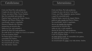 Catolicismo
Creio em Deus Pai, todo-poderoso,
Criador do céu e da terra; E em Jesus
Cristo, seu único Filho, Nosso Senhor,
Que foi concebido pelo poder do
Espírito Santo, nasceu da Virgem Maria;
Padeceu sob Pôncio Pilatos, foi
crucificado, morto e sepultado;
Desceu à Mansão dos Mortos,
ressuscitou ao terceiro dia;
Subiu ao Céu, está sentado à
direita de Deus Pai todo-poderoso,
De onde há de vir a julgar os vivos e os mortos.
Creio no Espírito Santo,
Na Santa Igreja Católica, na
comunhão dos Santos,
Na remissão dos pecados,
Na ressurreição da carne,
Na vida eterna. Amém.
Creio em Deus, Pai todo-poderoso,
Criador do céu e da terra. E em Jesus
Cristo, seu Filho unigênito, nosso Senhor,
o qual foi concebido pelo
Espírito Santo, nasceu da virgem Maria,
padeceu sob o poder de Pôncio Pilatos,
foi crucificado, morto e sepultado,
desceu ao mundo dos mortos,
ressuscitou no terceiro dia,
subiu ao céu, e está sentado à
direita de Deus Pai, todo-poderoso,
de onde virá para julgar os vivos e os mortos.
Creio no Espírito Santo,
na santa Igreja cristã, na comunhão dos santos,
na remissão dos pecados,
na ressurreição do corpo e na vida eterna. Amém.
luteranismo
 