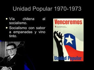 Unidad Popular 1970-1973 Vía chilena al socialismo. Socialismo con sabor a empanadas y vino tinto. 