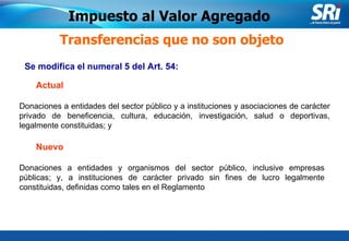 Junio 2006 Se modifica el numeral 5 del Art. 54: Transferencias que no son objeto Donaciones a entidades y organismos del sector público, inclusive empresas públicas; y, a instituciones de carácter privado sin fines de lucro legalmente constituidas, definidas como tales en el Reglamento   Impuesto al Valor Agregado Donaciones a entidades del sector público y a instituciones y asociaciones de carácter privado de beneficencia, cultura, educación, investigación, salud o deportivas, legalmente constituidas; y Actual Nuevo 