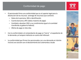 Conformidad de pago


•   El pensionado firma una conformidad que es el soporte legal para la
    devolución de los recursos (entrega de recursos) que contiene:
     – Datos de la persona, NSS e identificación
     – Cuenta bancaria y RFC (datos maestro de pago)
     – Cantidad a devolver (SSV y sus rendimientos igual a la cantidad
         transferida al gobierno federal)
     – Oferta de pago en diez días

•   Con la conformidad y el comprobante de pago se “cierra” el expediente de
    la demanda y el amparo indirecto en contra del Infonavit

•   La conformidad que firmen los pensionados con una demanda en trámite
    incluirá una sección con el desestimiento de la demanda o laudo
 