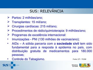 SUS: RELEVÂNCIA
   Partos: 2 milhões/ano;
   Transplantes: 15 mil/ano;
   Cirurgias cardíacas: 215 mil/ano;
   Procedimentos de rádio/quimioterapia: 9 milhões/ano;
   Programas de excelência internacional:
•   Imunizações - PNI (130 milhões de vacinas/ano);
•   AIDs – A sólida parceria com a sociedade civil tem sido
    fundamental para a resposta à epidemia no país, com
    distribuição gratuita de medicamentos para 180.000
    pessoas;
•   Controle do Tabagismo.                     Fonte: CIT - TCGM
 