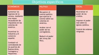 Objetivos específicos
ECONÓMICOS
Aumentar los
ingresos de la
corona, mediante
una mayor
recaudación de
impuestos en las
colonias de
América .
Incentivar la
industria y el
comercio
español.
Combatir el
contrabando de
los puertos de
Buenos Aires,
Cartagena y
Valparaiso.
POLÍTICO
Recuperar el
control político
que ejercía la
corona sobre sus
colonias en
América.
Acabar con el
poder de los
corregidores.
Reducir el poder
del virrey del
Perú.
SOCIAL
Neutralizar el
poder de los
criollos.
Imponer el poder
real sobre la
iglesia católica.
Control de ordenes
religiosas.
 
