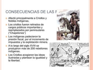 CONSECUENCIAS DE LAS REFORMAS










Afectó principalmente a Criollos y
Nobles Indígenas.
Los criollos fueron retirados de
cargos públicos importantes y
reemplazados por peninsulares
(“Chapetones”)
Los indígenas padecieron la
presión fiscal, por el incremento de
impuestos y la explotación minera.
A lo largo del siglo XVIII se
produjeron más de 200 rebeliones
indígenas.
Los Criollos acogieron las ideas
ilustradas y plantean la igualdad y
la libertad.

 