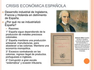 CRISIS ECONÓMICA ESPAÑOLA




Desarrollo industrial de Inglaterra,
Francia y Holanda en detrimento
de España.
¿Por qué no se industrializó
España?
Razones:
1° España sigue dependiendo de la
producción de metales preciosos
coloniales.
2° España mantiene una producción
artesanal, manufacturas, para
abastecer a las colonias. Mantiene una
economía monopólica.
3° Excesivo contrabando en las
colonias, ingreso ilegal de productos
portugueses e ingleses.
4° Corrupción a gran escala
“sistemática” y evasión tributaria.


Antonio Ulloa Capitán
de Navío sevillano
nombrado gobernador
de Huancavelica y
supervisor de la mina de
mercurio Santa Bárbara.
Denunció la corrupción
institucionalizada en el
Virreinato.

 