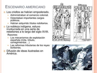 ESCENARIO AMERICANO


Los criollos se habían empoderado.






Administraban el comercio colonial.
Ostentaban importantes cargos
públicos.
Habían adquirido títulos nobiliarios.

La nobleza indígena, estuvo
involucrada en una serie de
rebeliones a lo largo del siglo XVIII.
Razones:
 Los mecanismos de explotación
española (mita, tributo,
corregimientos…)
 Las reformas tributarias de los reyes
borbones.



Difusión de ideas ilustradas en
América.

 