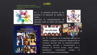 LOEI.
Art. 2 w) garantiza derechos de las
personas a la educación de calidad y
calidez,
garantizar la conceptualización de
educando como el centro del proceso
educativo.
involucrar e incorporar sensaciones,
sentimientos, emociones, afectos , formas de
percepción, etc.
Art. 19. Un objetivo de la autoridad educativa es
“diseñar y asegurar la aplicación obligatoria de un
Currículo nacional tanto en institución pública,
municipales, privadas y fiscomicionales y a
distancia en diversos niveles, inicial, básico,
bachillerato” considerando siempre la
pluriculturalidad e interculturalidad.
 