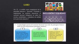 LOEI.
Art. 22. c) estable como competencia de la
autoridad educativa Nacional: “Formular e
implementar las políticas educativas, el
currículo nacional obligatorio en todos los
niveles, modalidades y estándares de calidad
de la provisión educativa”
 