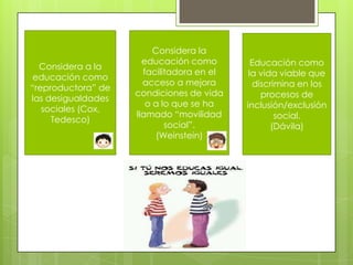 Considera a la
educación como
“reproductora” de
las desigualdades
sociales (Cox,
Tedesco)
Considera la
educación como
facilitadora en el
acceso a mejora
condiciones de vida
o a lo que se ha
llamado “movilidad
social”.
(Weinstein)
Educación como
la vida viable que
discrimina en los
procesos de
inclusión/exclusión
social.
(Dávila)
 