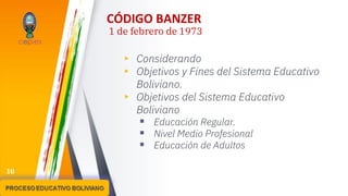 CÓDIGO BANZER
1 de febrero de 1973
▸ Considerando
▸ Objetivos y Fines del Sistema Educativo
Boliviano.
▸ Objetivos del Sistema Educativo
Boliviano
▪ Educación Regular.
▪ Nivel Medio Profesional
▪ Educación de Adultos
10
 