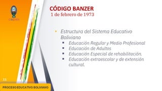 CÓDIGO BANZER
1 de febrero de 1973
▸ Estructura del Sistema Educativo
Boliviano
▪ Educación Regular y Medio Profesional
▪ Educación de Adultos
▪ Educación Especial de rehabilitación.
▪ Educación extraescolar y de extensión
cultural.
11
 