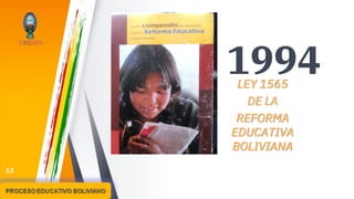 1994LEY 1565
DE LA
REFORMA
EDUCATIVA
BOLIVIANA
13
 