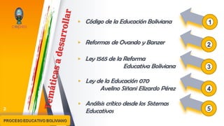▸ Código de la Educación Boliviana
2
1
2
3
4
5
▸ Reformas de Ovando y Banzer
▸ Ley 1565 de la Reforma
Educativa Boliviana
▸ Ley de la Educación 070
Avelino Siñani Elizardo Pérez
▸ Análisis crítico desde los Sistemas
Educativos
 