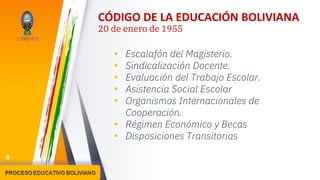 CÓDIGO DE LA EDUCACIÓN BOLIVIANA
20 de enero de 1955
▸ Escalafón del Magisterio.
▸ Sindicalización Docente.
▸ Evaluación del Trabajo Escolar.
▸ Asistencia Social Escolar
▸ Organismos Internacionales de
Cooperación.
▸ Régimen Económico y Becas
▸ Disposiciones Transitorias
8
 