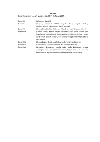 ESELON
 Eselon Perangkat Daerah (pasal 34 dan 35 PP 41 Tahun 2007)
Eselon Ib
Eselon IIa
Eselon IIb
Eselon IIIa

Eselon IIIb
Eselon Iva
Eselon Ivb

(sekretaris Daerah)
(Asisten, sekretaris DPRD, Kepala Dinas, Kepala Badan,
Direktur Rumah sakit Umum Daerah Kelas A)
(Kepala Biro, Direktur RS Umum Kelas B dan wakil direktur Kelas A)
(Kepala kantor, kepala bagian, sekretaris pada dinas, badan dan
inspektorat, kepala bidang dan inspektur pembantu, direktur rumah
sakit umum daerah kelas C, dan kepala unit pelaksana teknisdinas
dan badan)
(Kepala bagian dan kepala bidang pada rumah sakit daerah)
(Kepala seksi, kepala subbagian, dan kepala subbidang)
(Sekretaris kelurahan, kepala seksi pada kelurahan, kepala
subbagian pada unit pelaksana teknis, kepala tata usaha sekolah
kejuruan dan kepala subbagian pada sekretariat kecamatan)

 