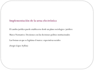 Implementación de la urna electrónica

El cambio jurídico puede establecerse desde un plano sociologico- jurídico:

Marco Normativo: Decisiones con las decisiones político institucionales

Las formas en que se legitima el marco: expectativas sociales

(Sergio López Ayllón)
 