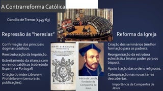 A ContrarreformaCatólica
Confirmação dos principais
dogmas católicos.
Reestruturação da Inquisição.
Estreitamento da aliança com
os reinos católicos (sobretudo
Espanha e Portugal)
Criação do Index Librorum
Prohibitorum (censura às
publicações).
Repressão às “heresias” Reforma da Igreja
Concílio deTrento (1545-63)
Criação dos seminários (melhor
formação para os padres).
Reorganização da estrutura
eclesiástica (maior poder para os
bispos).
Apoio à ação das ordens religiosas.
Catequização nas novas terras
descobertas.
• Importância da Companhia de
Jesus
Inácio de Loyola,
fundador da
Companhia de
Jesus
 