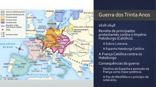 Guerra dosTrinta Anos
1618-1648
Revolta de principados
protestantes contra o Império
Habsburgo (Católico).
• A Suécia Luterana.
• A Espanha Habsburga Católica.
A França Católica contra os
Habsburgo.
Consequências da guerra:
• Declínio da Espanha e ascensão da
França como maior potência.
• A Paz de Westfália e o princípio da
soberania.
 