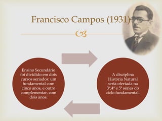 
Ensino Secundário
foi dividido em dois
cursos seriados: um
fundamental com
cinco anos, e outro
complementar, com
dois anos.
A disciplina
História Natural
seria ofertada na
3ª,4ª e 5ª séries do
ciclo fundamental.
Francisco Campos (1931)
 