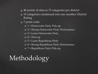  48 points of data in 15 categories per district 
 15 categories condensed into one number: District 
Rating 
 7 point scale: 
 1 = Democratic Party Pick-up 
 2 = Strong Democratic Party Performance 
 3 = Leans Democratic Party 
 4 = Toss-up 
 5 = Leans Republican Party 
 6 = Strong Republican Party Performance 
 7 = Republican Party Pick-up 
Methodology 
 
