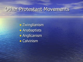 Other Protestant Movements Zwinglianism Anabaptists Anglicanism Calvinism 