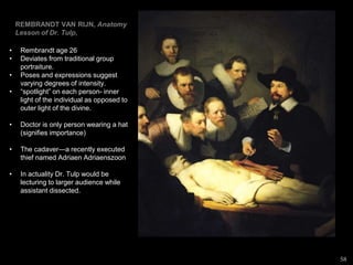 58
REMBRANDT VAN RIJN, Anatomy Lesson of Dr. Tulp, 1632. Oil on canvas, 5’ 3 3/4” x 7’ 1 1/4”.
Mauritshuis, The Hague.
 