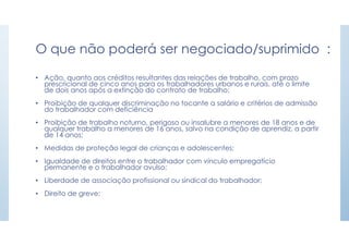 • Ação, quanto aos créditos resultantes das relações de trabalho, com prazo
prescricional de cinco anos para os trabalhadores urbanos e rurais, até o limite
de dois anos após a extinção do contrato de trabalho;
• Proibição de qualquer discriminação no tocante a salário e critérios de admissão
do trabalhador com deficiência
• Proibição de trabalho noturno, perigoso ou insalubre a menores de 18 anos e de
qualquer trabalho a menores de 16 anos, salvo na condição de aprendiz, a partir
de 14 anos;
• Medidas de proteção legal de crianças e adolescentes;
• Igualdade de direitos entre o trabalhador com vínculo empregatício
permanente e o trabalhador avulso;
• Liberdade de associação profissional ou sindical do trabalhador;
• Direito de greve;
O que não poderá ser negociado/suprimido :
 