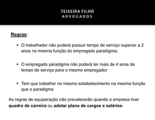 Regras:
▪ O trabalhador não poderá possuir tempo de serviço superior a 2
anos na mesma função do empregado paradigma;
▪ O empregado paradigma não poderá ter mais de 4 anos de
tempo de serviço para o mesmo empregador
▪ Tem que trabalhar no mesmo estabelecimento na mesma função
que o paradigma
As regras de equiparação não prevalecerão quando a empresa tiver
quadro de carreira ou adotar plano de cargos e salários.
 