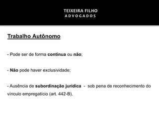 Trabalho Autônomo
- Pode ser de forma contínua ou não;
- Não pode haver exclusividade;
- Ausência de subordinação jurídica - sob pena de reconhecimento do
vínculo empregatício (art. 442-B).
TEIXEIRA FILHO
A D V O G A D O S
 