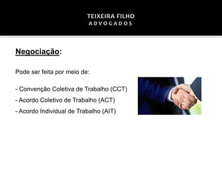 Negociação:
Pode ser feita por meio de:
- Convenção Coletiva de Trabalho (CCT)
- Acordo Coletivo de Trabalho (ACT)
- Acordo Individual de Trabalho (AIT)
 