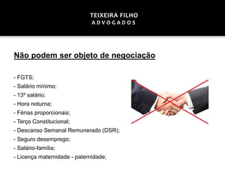 Não podem ser objeto de negociação
- FGTS;
- Salário mínimo;
- 13º salário;
- Hora noturna;
- Férias proporcionais;
- Terço Constitucional;
- Descanso Semanal Remunerado (DSR);
- Seguro desemprego;
- Salário-família;
- Licença maternidade - paternidade;
TEIXEIRA FILHO
A D V O G A D O S
 