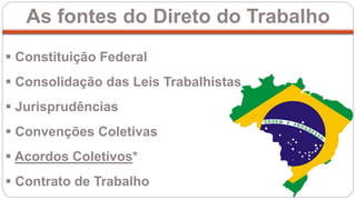 As fontes do Direto do Trabalho
 Constituição Federal
 Consolidação das Leis Trabalhistas
 Jurisprudências
 Convenções Coletivas
 Acordos Coletivos*
 Contrato de Trabalho
 