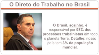 O Direto do Trabalho no Brasil
O Brasil, sozinho, é
responsável por 98% dos
processos trabalhistas em todo
o planeta Terra. Detalhe: nosso
país tem 3% da população
mundial.
 