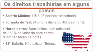  Salário Mínimo: U$ 8,05 por hora trabalhada.
 Jornada de Trabalho: 8hs diária ou 40hs semanal.
 Horas-extras: Sem limites, com adicional
de 150% ao valor da hora normal.
*Compensação de horas.
 13º Salário: Não existe. *Bônus.
Os direitos trabalhistas em alguns
países
 