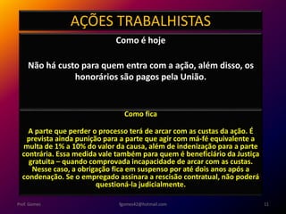 AÇÕES TRABALHISTAS
Como é hoje
Não há custo para quem entra com a ação, além disso, os
honorários são pagos pela União.
fgomes42@hotmail.com 11Prof. Gomes
Como fica
A parte que perder o processo terá de arcar com as custas da ação. É
prevista ainda punição para a parte que agir com má-fé equivalente a
multa de 1% a 10% do valor da causa, além de indenização para a parte
contrária. Essa medida vale também para quem é beneficiário da Justiça
gratuita – quando comprovada incapacidade de arcar com as custas.
Nesse caso, a obrigação fica em suspenso por até dois anos após a
condenação. Se o empregado assinara a rescisão contratual, não poderá
questioná-la judicialmente.
 