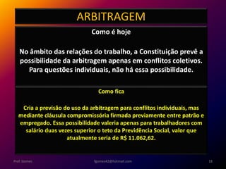 ARBITRAGEM
Como é hoje
No âmbito das relações do trabalho, a Constituição prevê a
possibilidade da arbitragem apenas em conflitos coletivos.
Para questões individuais, não há essa possibilidade.
fgomes42@hotmail.com 18Prof. Gomes
Como fica
Cria a previsão do uso da arbitragem para conflitos individuais, mas
mediante cláusula compromissória firmada previamente entre patrão e
empregado. Essa possibilidade valeria apenas para trabalhadores com
salário duas vezes superior o teto da Previdência Social, valor que
atualmente seria de R$ 11.062,62.
 