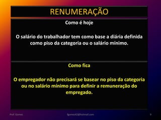 RENUMERAÇÃO
Como é hoje
O salário do trabalhador tem como base a diária definida
como piso da categoria ou o salário mínimo.
fgomes42@hotmail.com 9Prof. Gomes
Como fica
O empregador não precisará se basear no piso da categoria
ou no salário mínimo para definir a remuneração do
empregado.
 