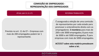 COMISSÃO DE EMPREGADOS -
REPRESENTAÇÃO DOS EMPREGADOS
REFORMA TRABALHISTA
Previsto no art. 11 da CF – Empresas com
mais de 200 empregados podem ter 1
representante.
ATUAL (até 11.11.17)
É assegurada a eleição de uma comissão
de representantes por cada estado para
promover o entendimento direto com os
empregadores: 3 membros para mais de
200 e até 3000 empregados; 5 para mais
de 3000 e até 5000 empregados; 7 para
empresas com mais de 5000 empregados.
ACT/CCT sobre esta matéria prevalecem
sobre a lei.
 