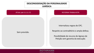 DESCONSIDERAÇÃO DA PERSONALIDADE
JURÍDICA
REFORMA TRABALHISTA
Sem previsão.
ATUAL (até 11.11.17)
Internalizou regras do CPC.
Respeito ao contraditório e ampla defesa.
Possibilidade de recurso de Agravo de
Petição sem garantia da execução.
 