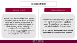 HORAS IN ITINERE
REFORMA TRABALHISTA
O tempo gasto pelo empregado entre sua casa
e o local de trabalho e vice-versa é computado
na jornada de trabalho quando o local de
trabalho estiver em local de difícil acesso ou
não servido por transporte público e o
empregador fornecer a condução.
Microempresas e empresas de pequeno porte
podem firmar ACT ou CCT sobre a
remuneração das horas in itinere.
ATUAL (até 11.11.17)
Em nenhuma hipótese o tempo gasto pelo
empregado entre sua casa e o efetivo
posto de trabalho será computado na
jornada de trabalho do empregado.
ACT/CCT sobre modalidade de registro de
jornada de trabalho prevalece sobre lei.
 