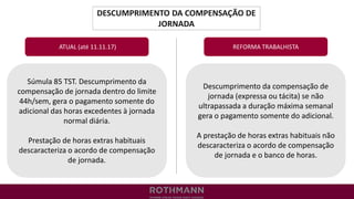 DESCUMPRIMENTO DA COMPENSAÇÃO DE
JORNADA
REFORMA TRABALHISTA
Súmula 85 TST. Descumprimento da
compensação de jornada dentro do limite
44h/sem, gera o pagamento somente do
adicional das horas excedentes à jornada
normal diária.
Prestação de horas extras habituais
descaracteriza o acordo de compensação
de jornada.
ATUAL (até 11.11.17)
Descumprimento da compensação de
jornada (expressa ou tácita) se não
ultrapassada a duração máxima semanal
gera o pagamento somente do adicional.
A prestação de horas extras habituais não
descaracteriza o acordo de compensação
de jornada e o banco de horas.
 