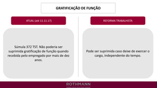 GRATIFICAÇÃO DE FUNÇÃO
REFORMA TRABALHISTA
Súmula 372 TST. Não poderia ser
suprimida gratificação de função quando
recebida pelo empregado por mais de dez
anos.
ATUAL (até 11.11.17)
Pode ser suprimida caso deixe de exercer o
cargo, independente do tempo.
 