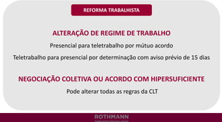 ALTERAÇÃO DE REGIME DE TRABALHO
Presencial para teletrabalho por mútuo acordo
Teletrabalho para presencial por determinação com aviso prévio de 15 dias
NEGOCIAÇÃO COLETIVA OU ACORDO COM HIPERSUFICIENTE
Pode alterar todas as regras da CLT
REFORMA TRABALHISTA
 