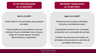 REFORMA TRABALHISTA
Lei 13.467/2017
Após 11.11.2017
Pode terceirizar qualquer atividade,
inclusive a atividade principal.
Capacidade econômica da contratada
compatível com a prestação de serviços
Proibido serviços de terceirizados em
atividades não previstas no contrato de
prestação de serviços.
Até 11.11.2017
Tentou liberar a terceirização para qualquer
atividade.
Interpretação da jurisprudência é de que
manteve só para atividades-meio, já que o
artigo 5º-A prevê apenas “serviços
determinados e específicos”.
LEI DA TERCEIRIZAÇÃO
Lei 13.429/2017
 