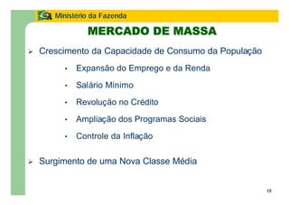 15
Ministério da Fazenda
MERCADO DE MASSA
Ø Crescimento da Capacidade de Consumo da População
• Expansão do Emprego e da Renda
• Salário Mínimo
• Revolução no Crédito
• Ampliação dos Programas Sociais
• Controle da Inflação
Ø Surgimento de uma Nova Classe Média
 