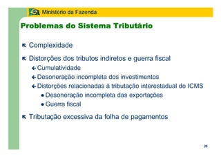 26
Ministério da Fazenda
26
Problemas do Sistema Tributário
ë Complexidade
ë Distorções dos tributos indiretos e guerra fiscal
ç Cumulatividade
ç Desoneração incompleta dos investimentos
ç Distorções relacionadas à tributação interestadual do ICMS
l Desoneração incompleta das exportações
l Guerra fiscal
ë Tributação excessiva da folha de pagamentos
 